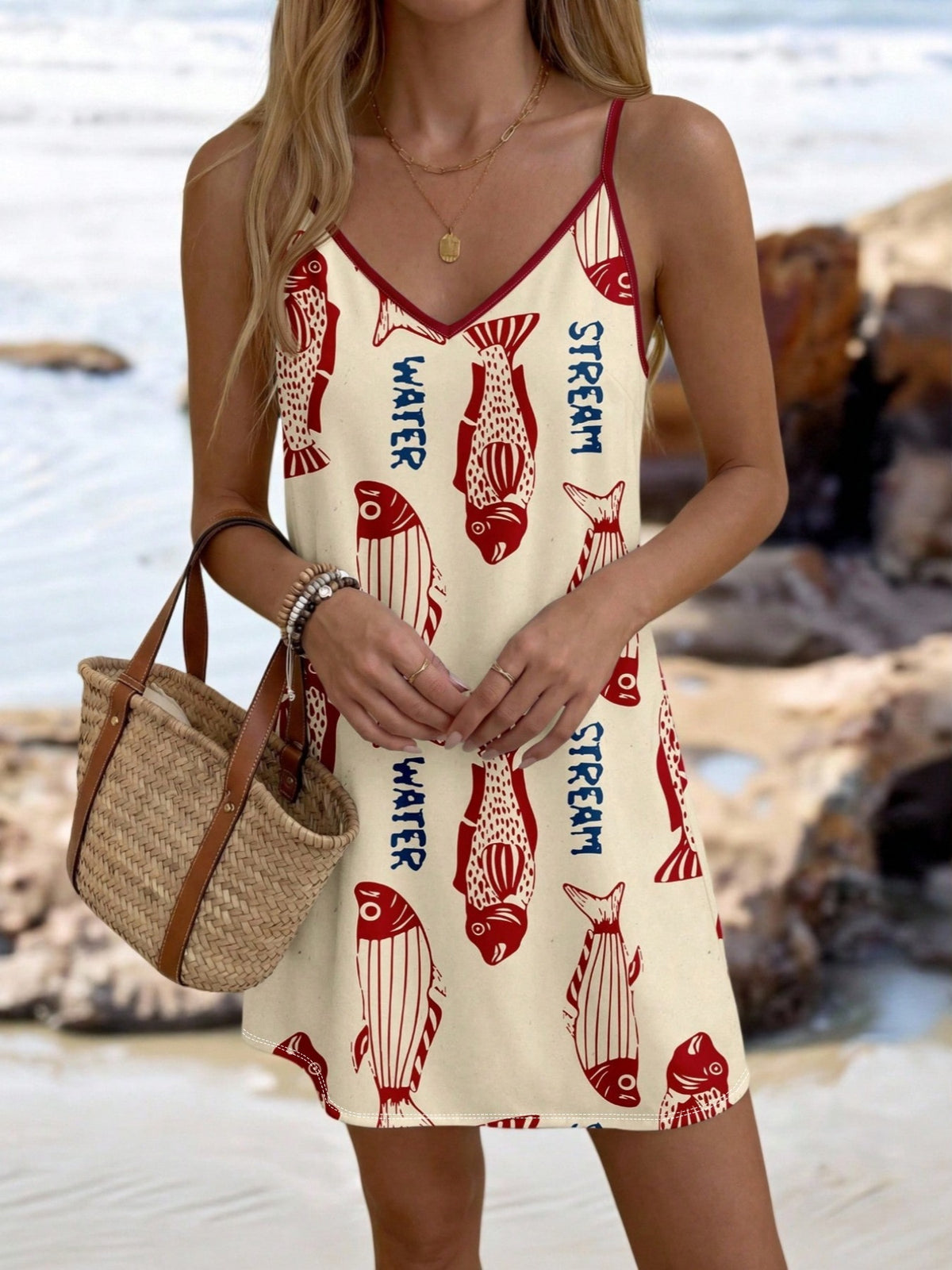 Printed V Neck Cami Beach Mini Dress - Yellow - 1