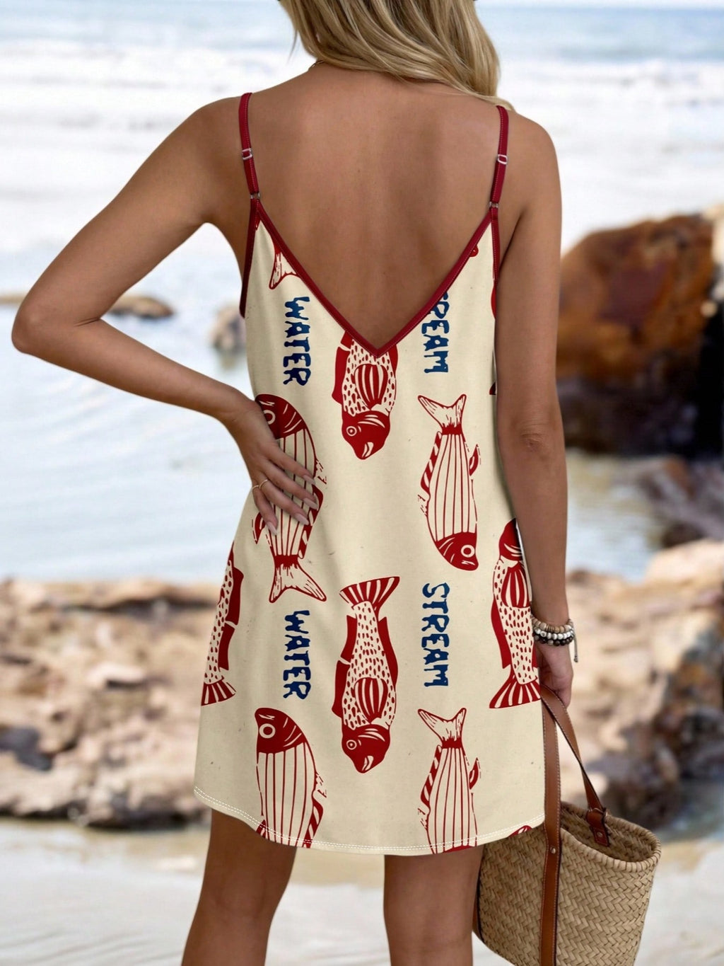 Printed V Neck Cami Beach Mini Dress - Yellow - 2