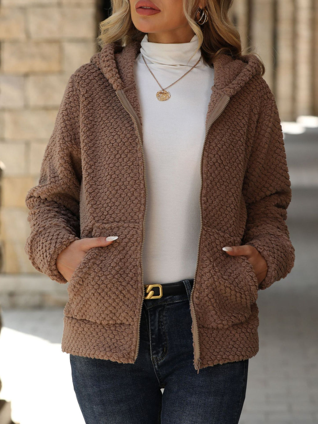 Textured Teddy Fleece Hooded Zip Jacket - Brown