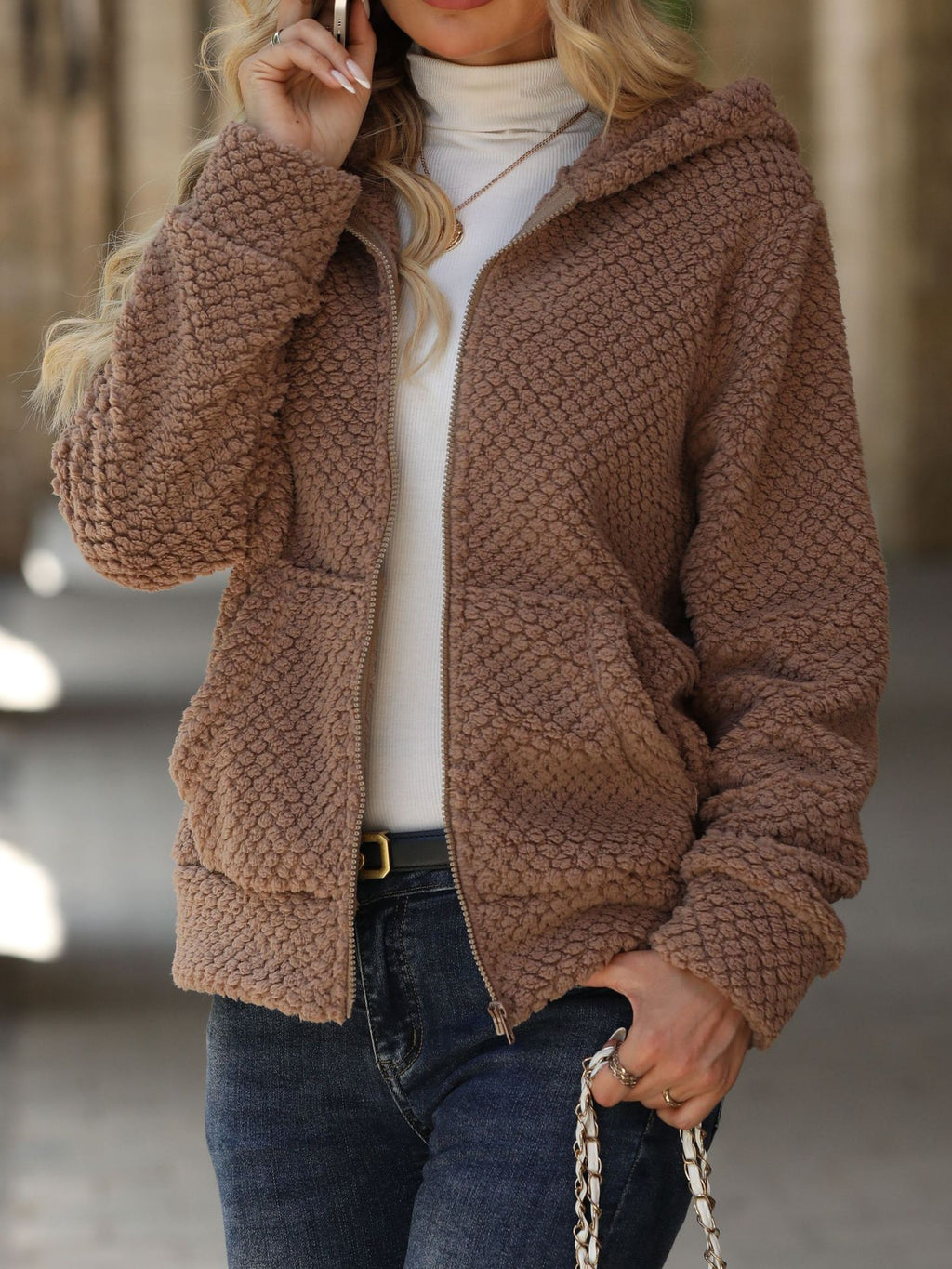 Textured Teddy Fleece Hooded Zip Jacket - Brown - 1
