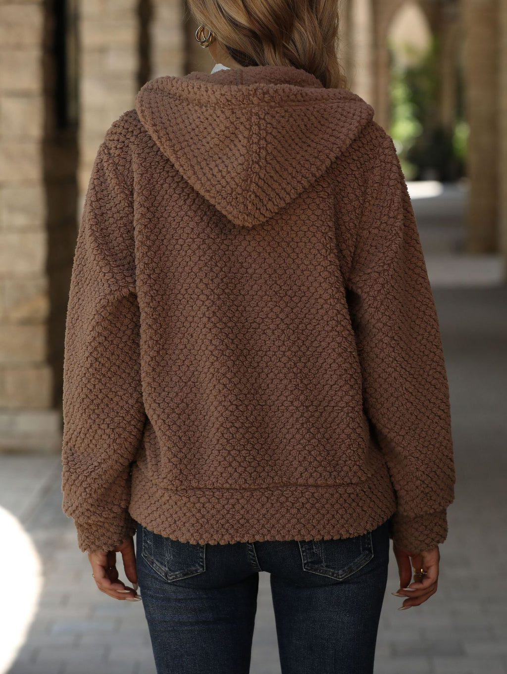 Textured Teddy Fleece Hooded Zip Jacket - Brown - 2