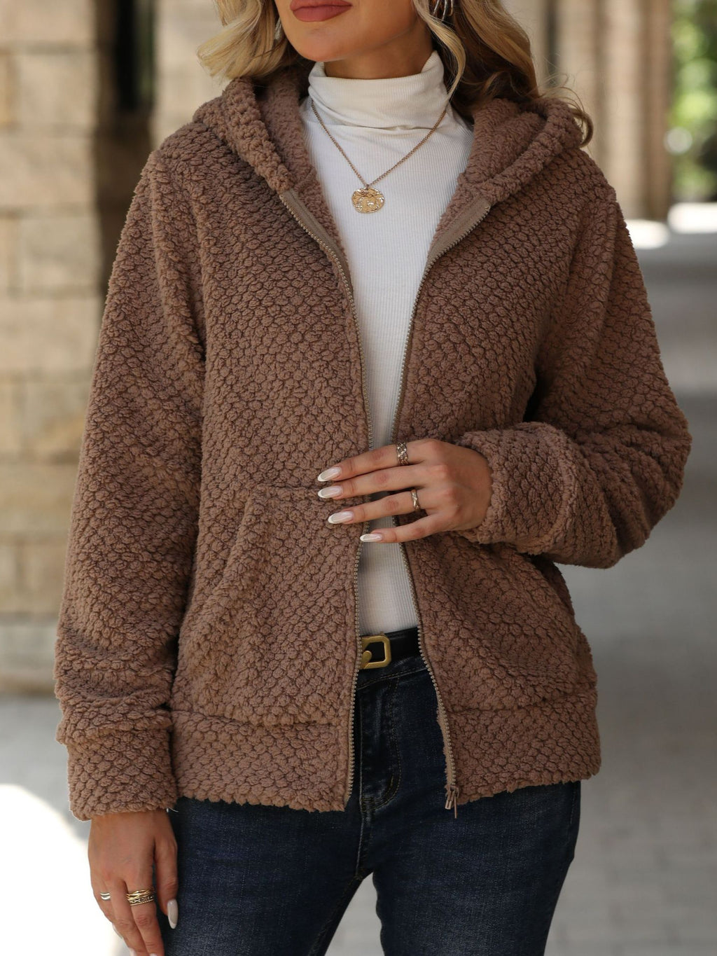 Textured Teddy Fleece Hooded Zip Jacket - Brown - 3