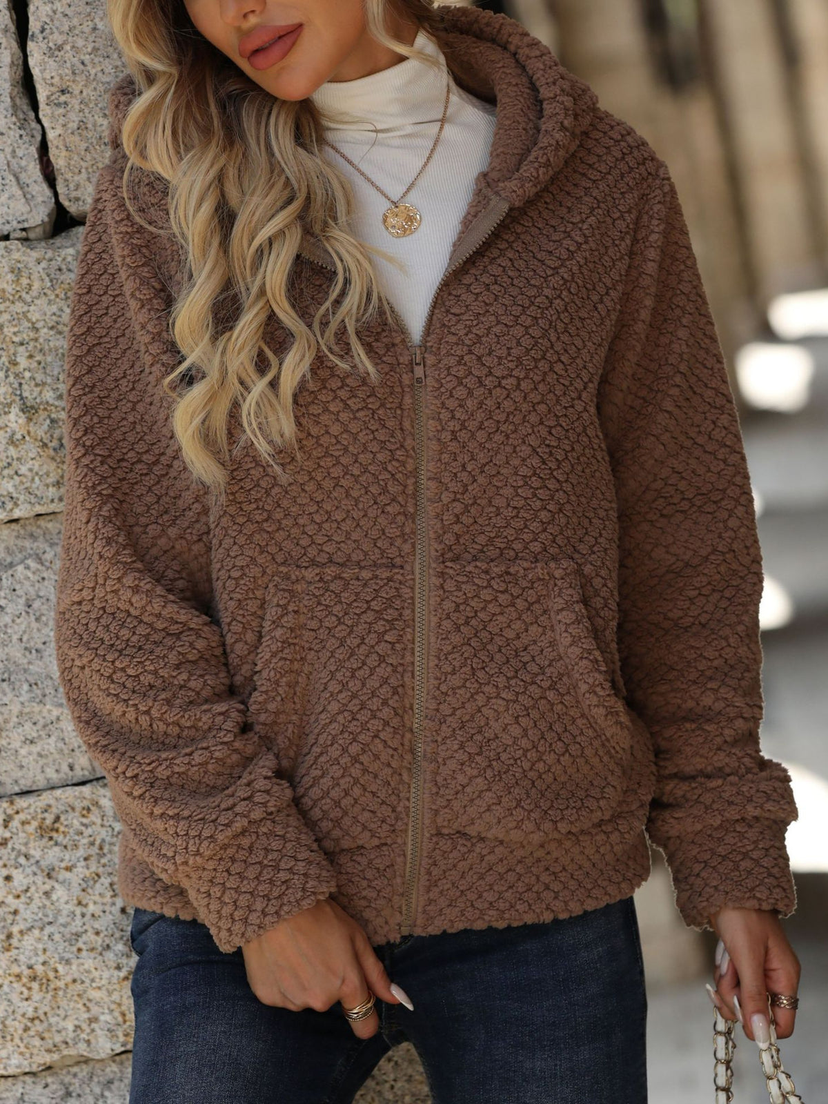 Textured Teddy Fleece Hooded Zip Jacket - Brown - 4
