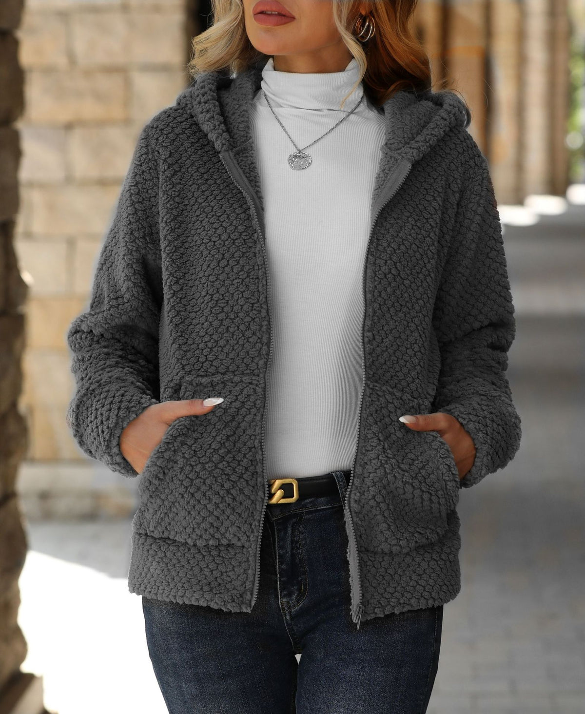Textured Teddy Fleece Hooded Zip Jacket - Grey