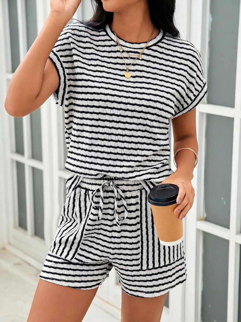 Textured Stripe Tee and Shorts Lounge Set - Black - 1