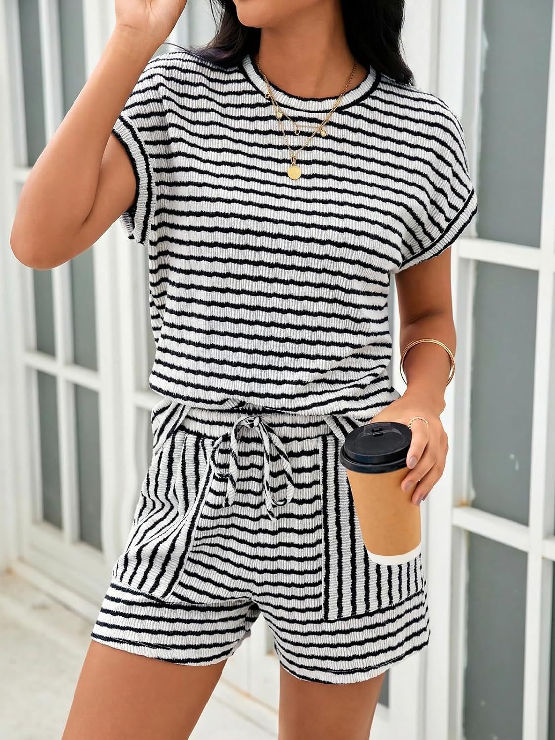 Textured Stripe Tee and Shorts Lounge Set - Black - 1