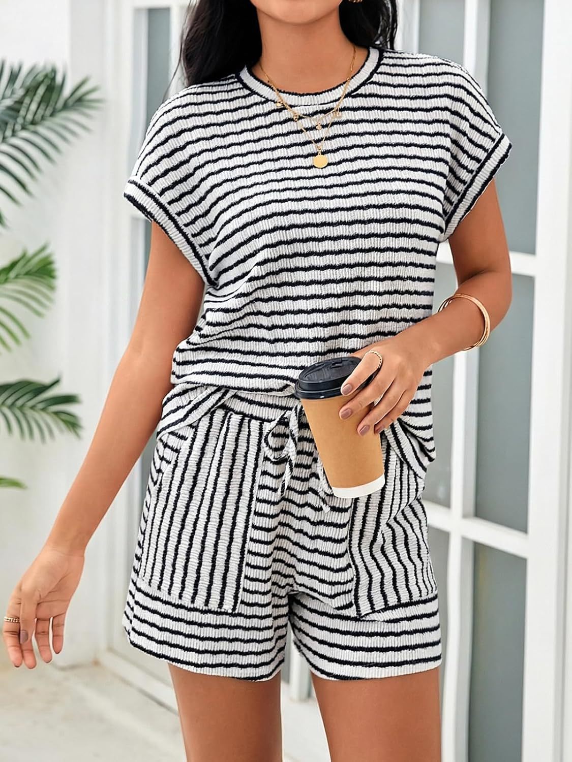 Textured Stripe Tee and Shorts Lounge Set - Black - 2