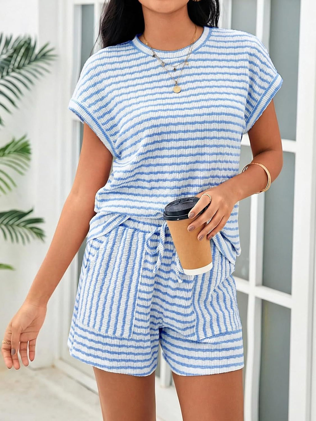 Textured Stripe Tee and Shorts Lounge Set - Blue - 1