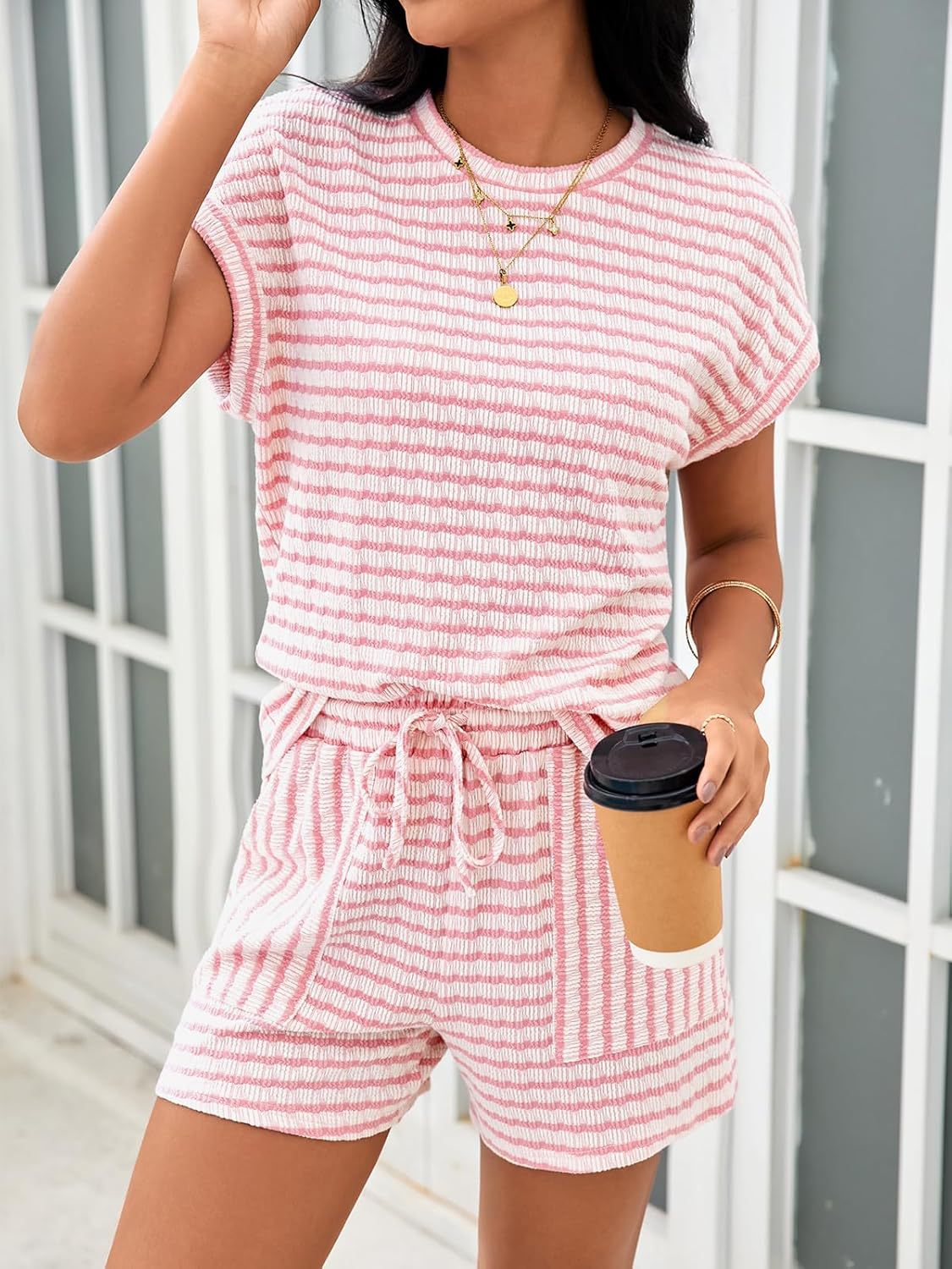Textured Stripe Tee and Shorts Lounge Set - Pink