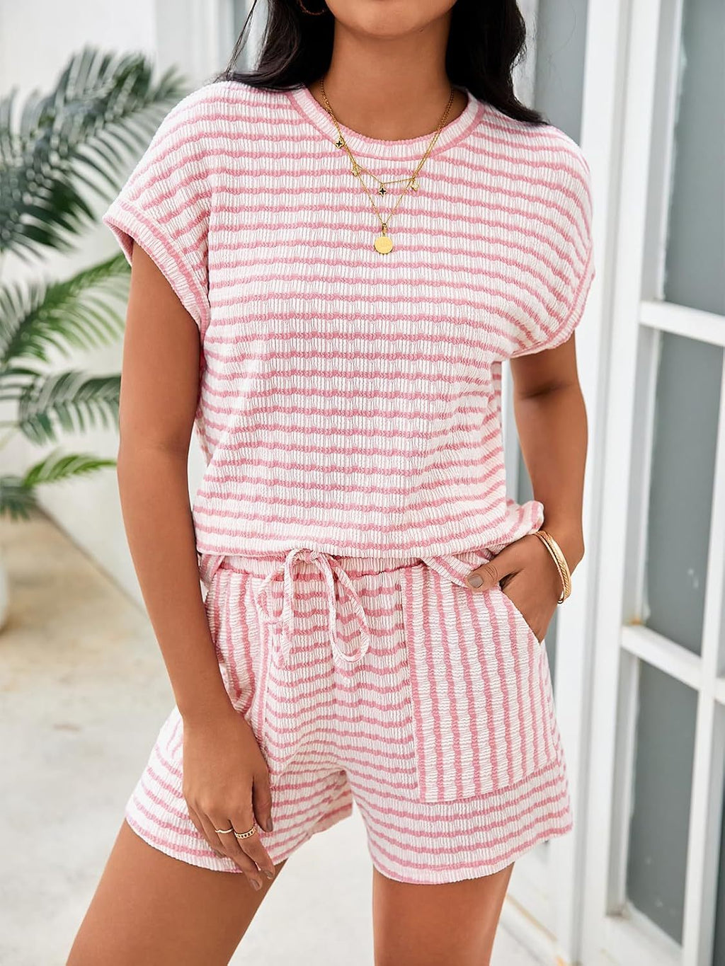 Textured Stripe Tee and Shorts Lounge Set - Pink - 1