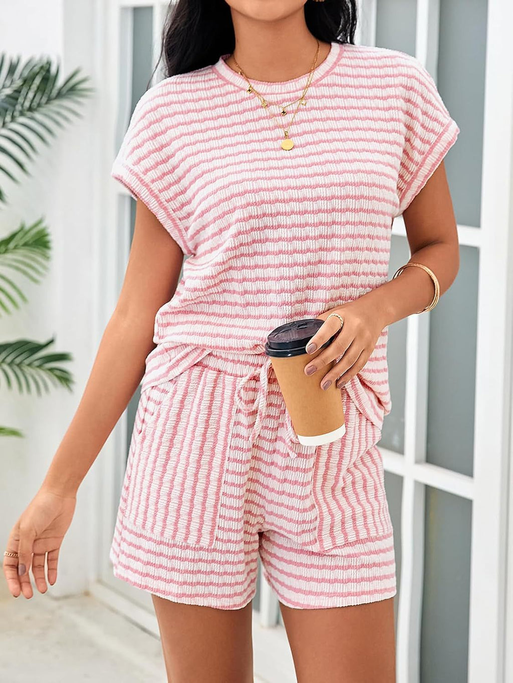 Textured Stripe Tee and Shorts Lounge Set - Pink - 2