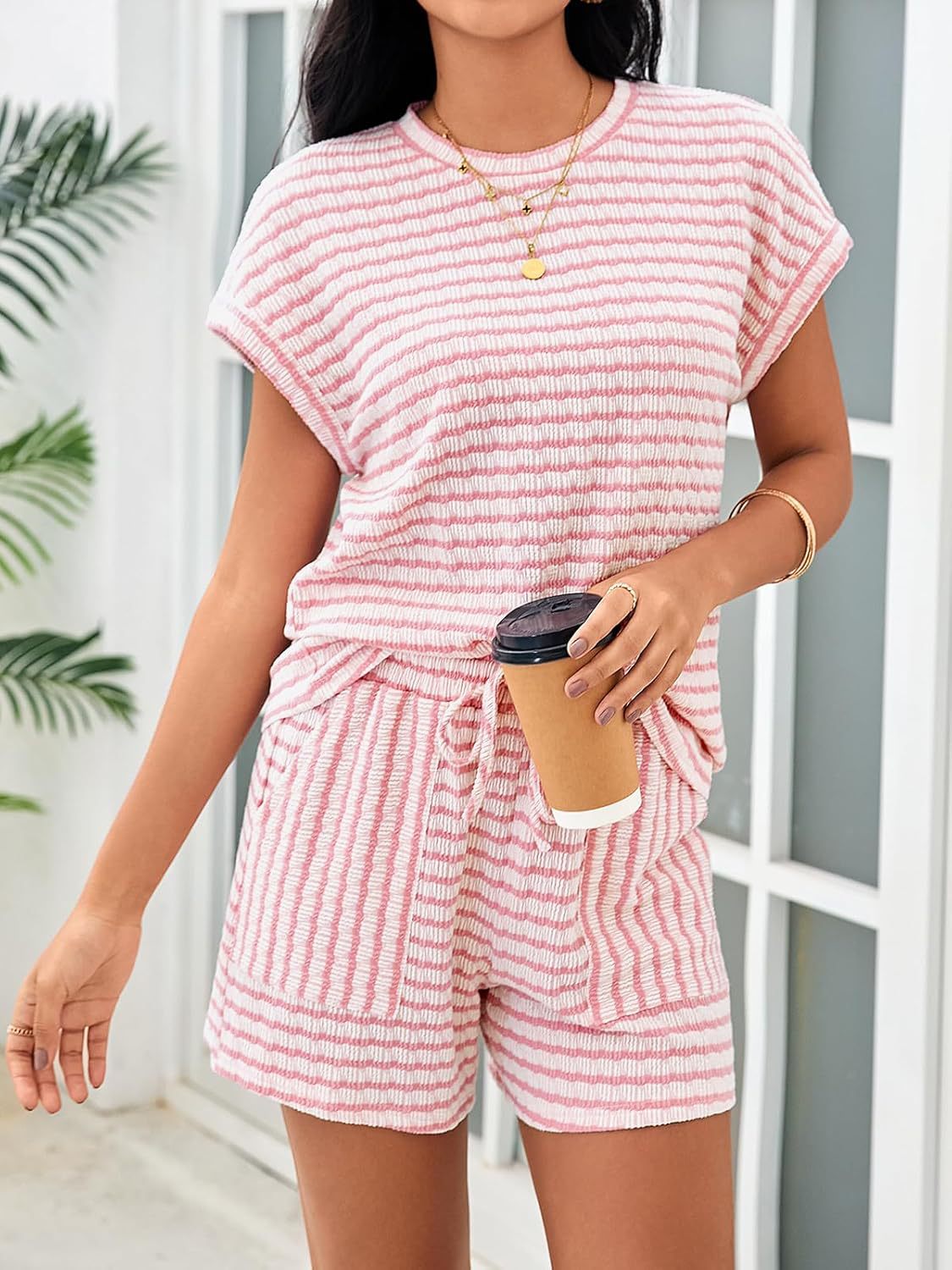 Textured Stripe Tee and Shorts Lounge Set - Pink - 2