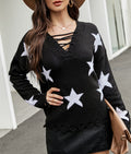 Star Print Lace-Up V-Neck Knit Top - Black