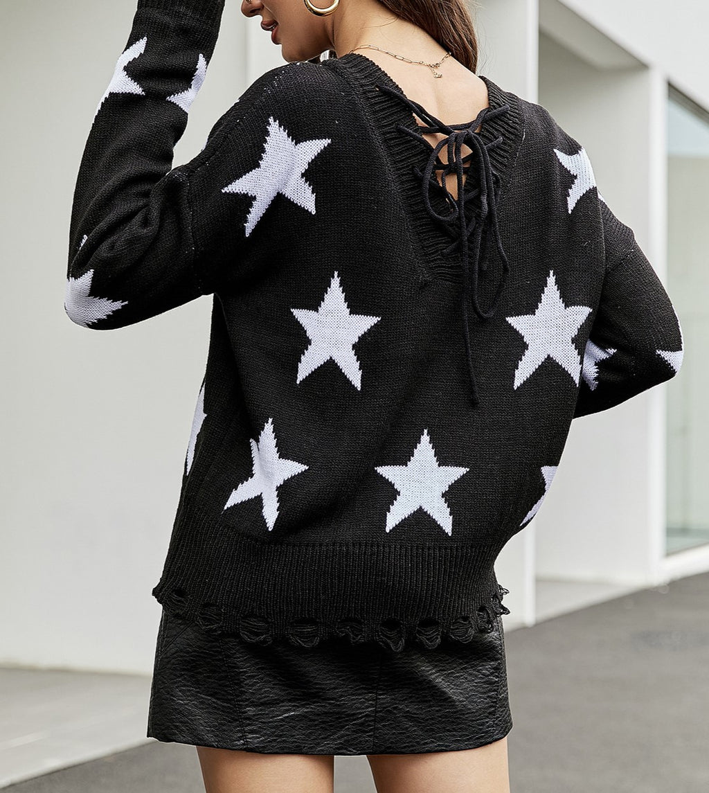 Star Print Lace-Up V-Neck Knit Top - Black - 2