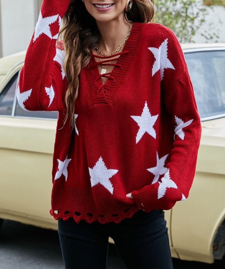 Star Print Lace-Up V-Neck Knit Top - Red