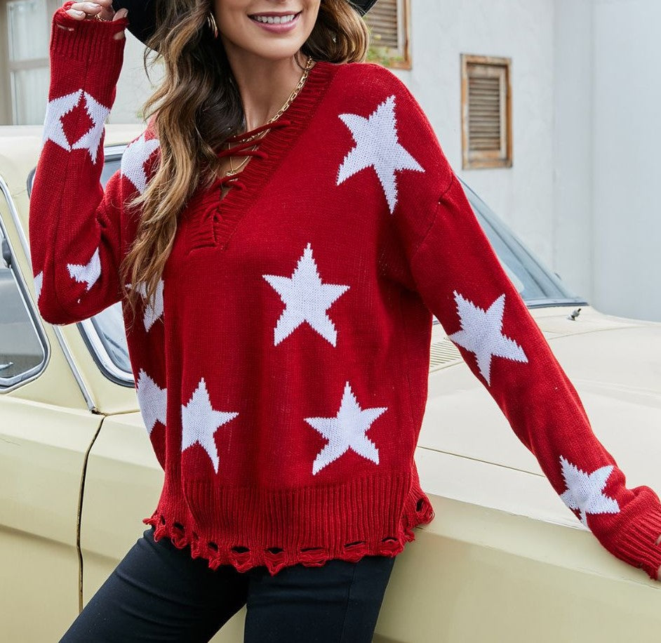 Star Print Lace-Up V-Neck Knit Top - view 1