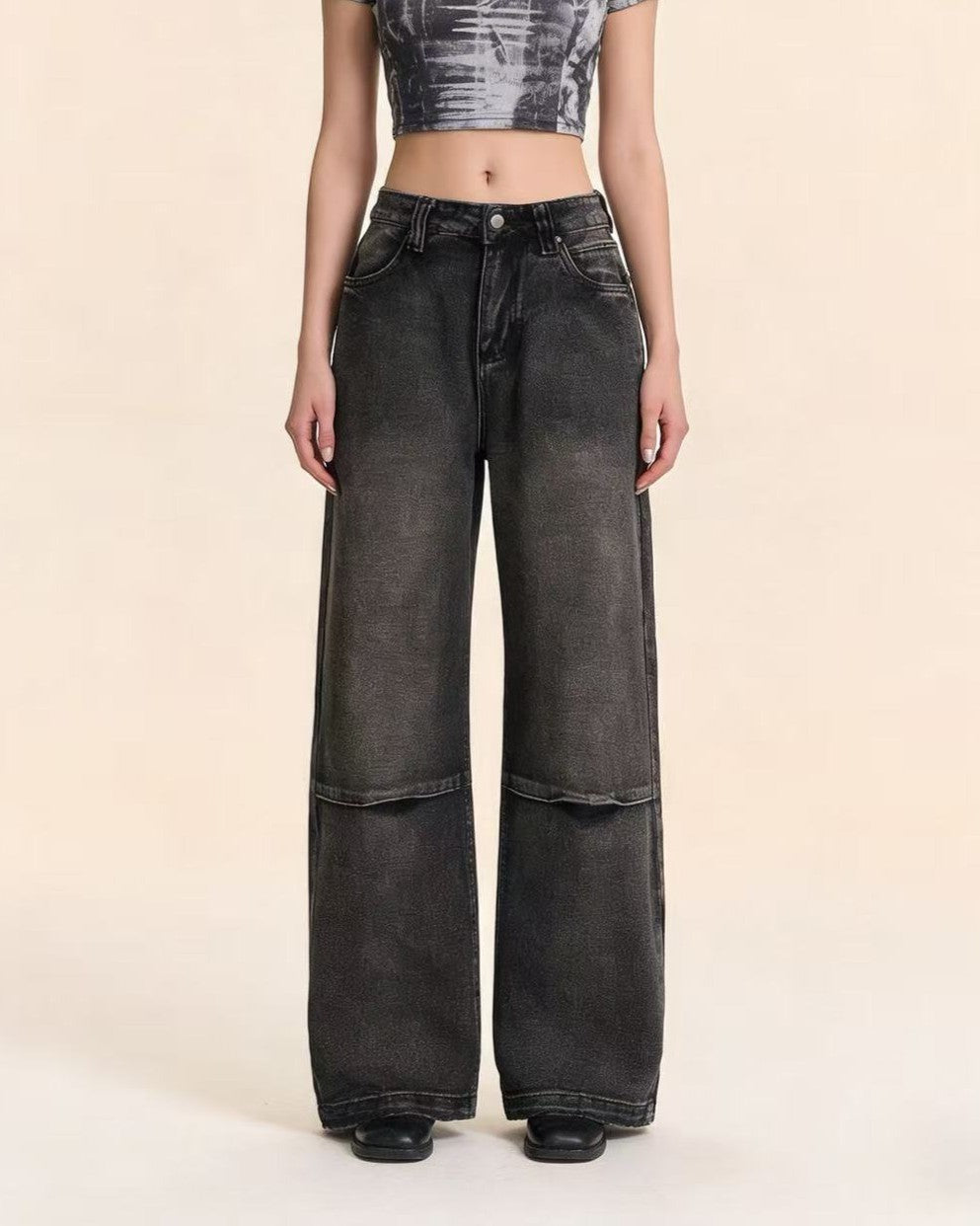 Y2K Angel Wing Graphic Baggy Jeans - Black