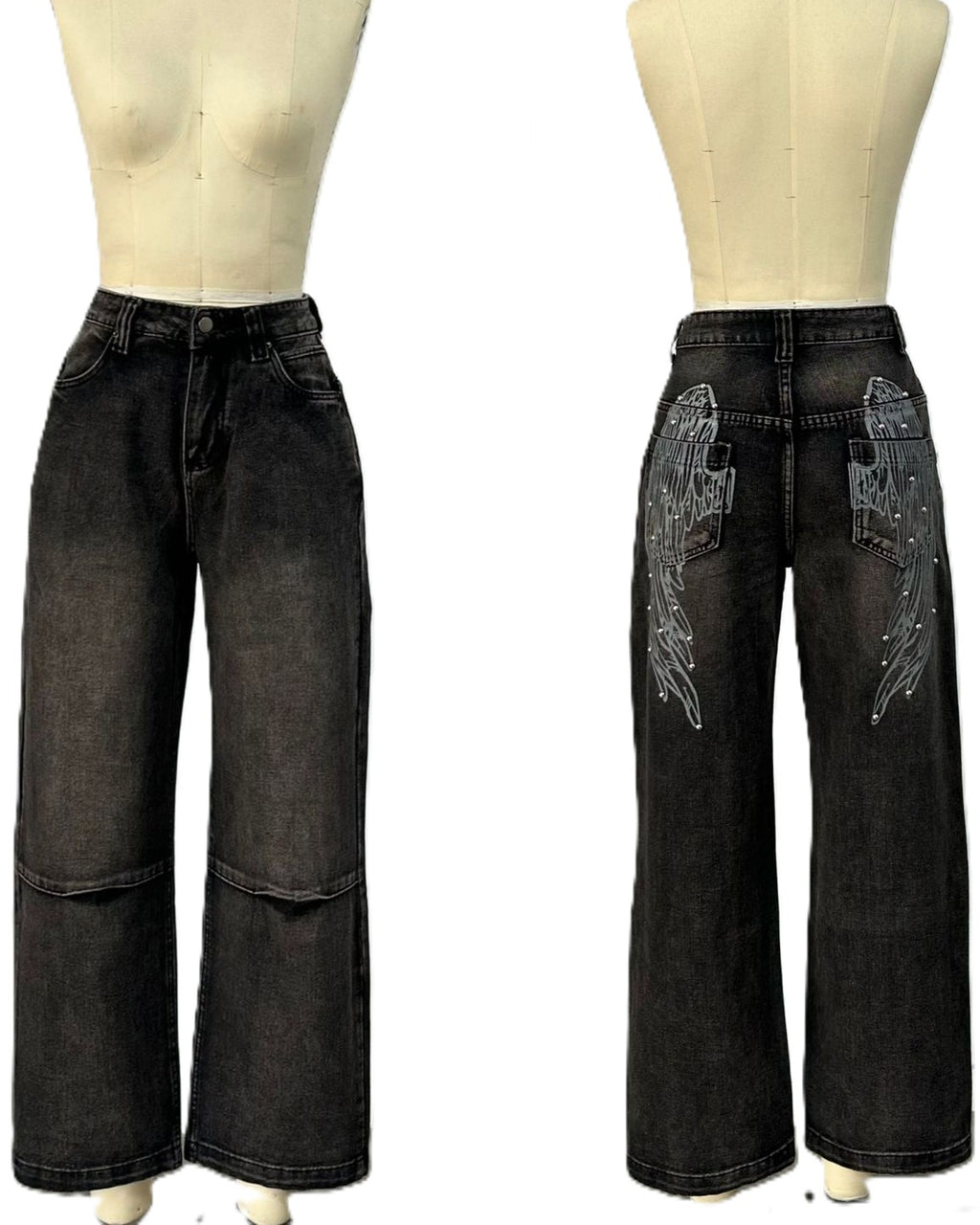Y2K Angel Wing Graphic Baggy Jeans - Black - 1