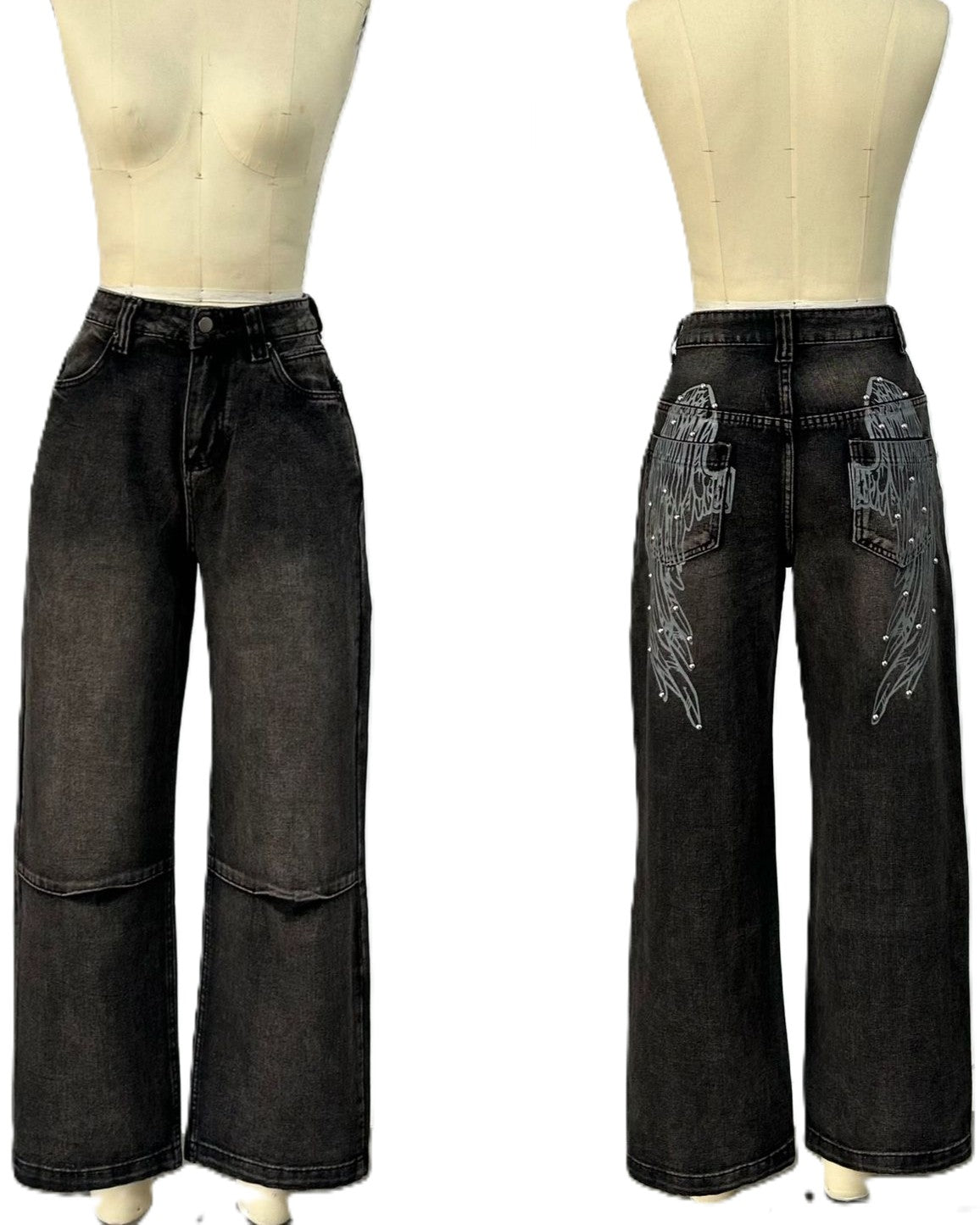 Y2K Angel Wing Graphic Baggy Jeans - Black - 1