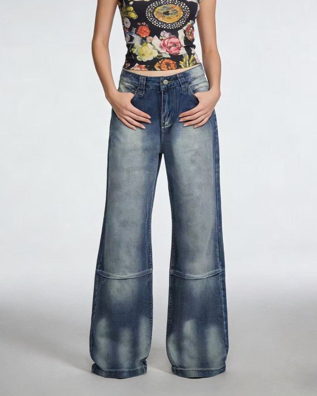 Y2K Angel Wing Graphic Baggy Jeans - Blue