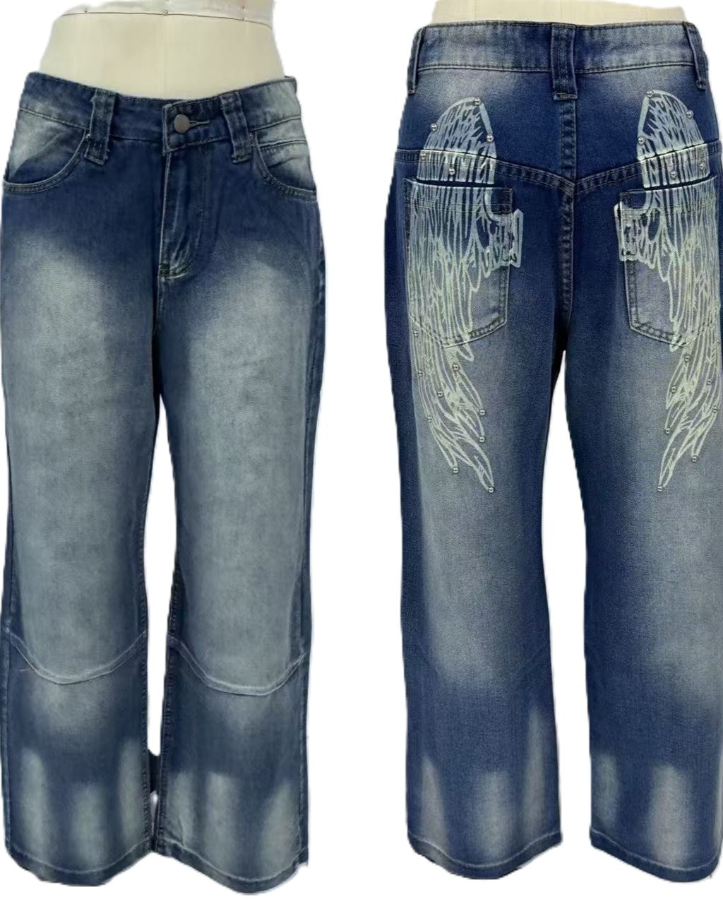 Y2K Angel Wing Graphic Baggy Jeans - Blue - 1