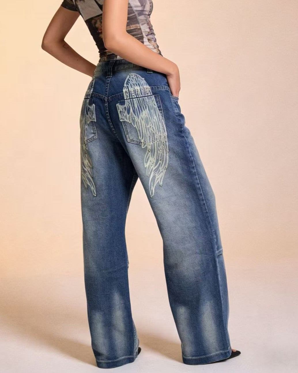 Y2K Angel Wing Graphic Baggy Jeans - Blue - 2