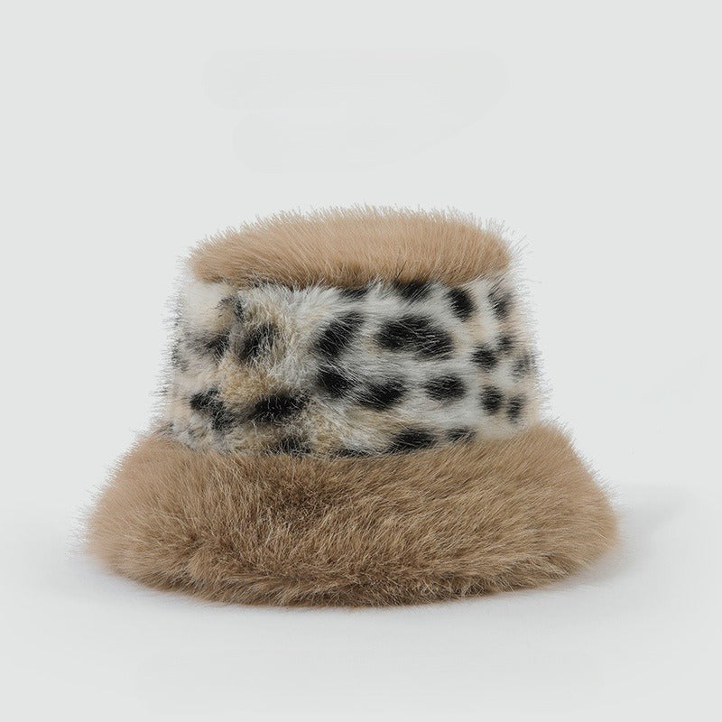 Fluffy Animal Print Winter Bucket Hat - Khaki