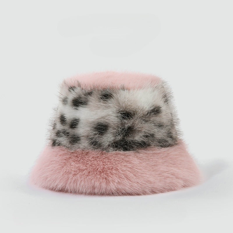 Fluffy Animal Print Winter Bucket Hat - Pink