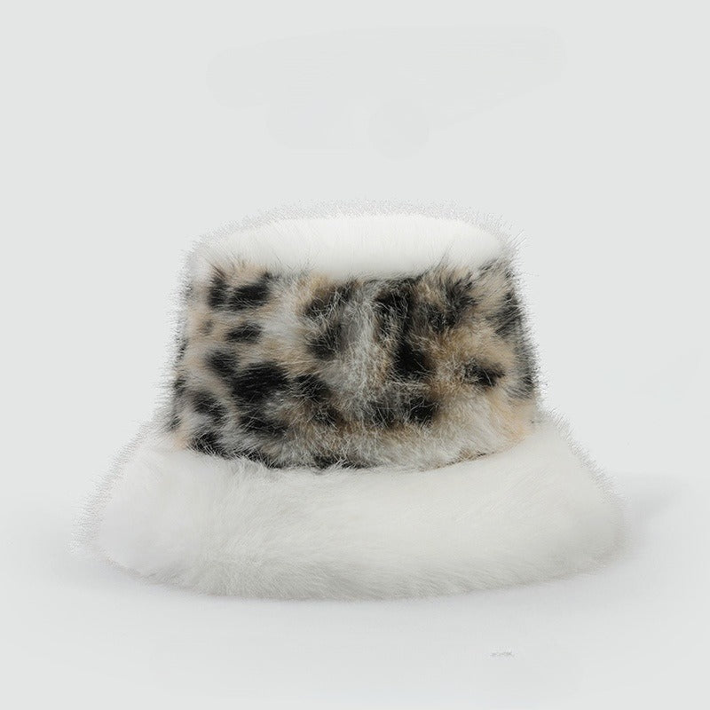 Fluffy Animal Print Winter Bucket Hat - White