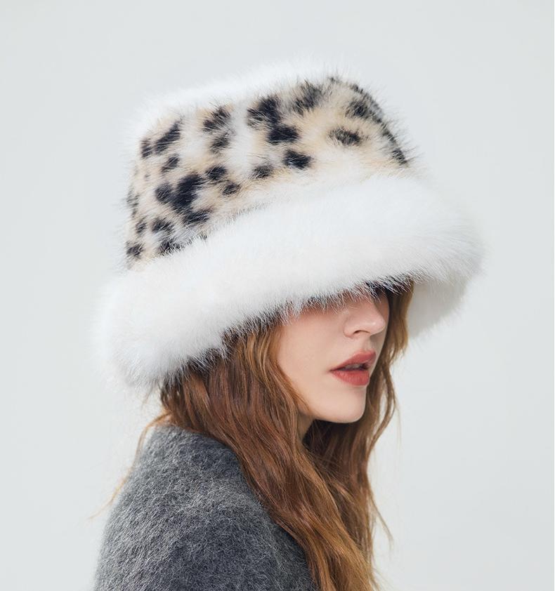Fluffy Animal Print Winter Bucket Hat - White - 1