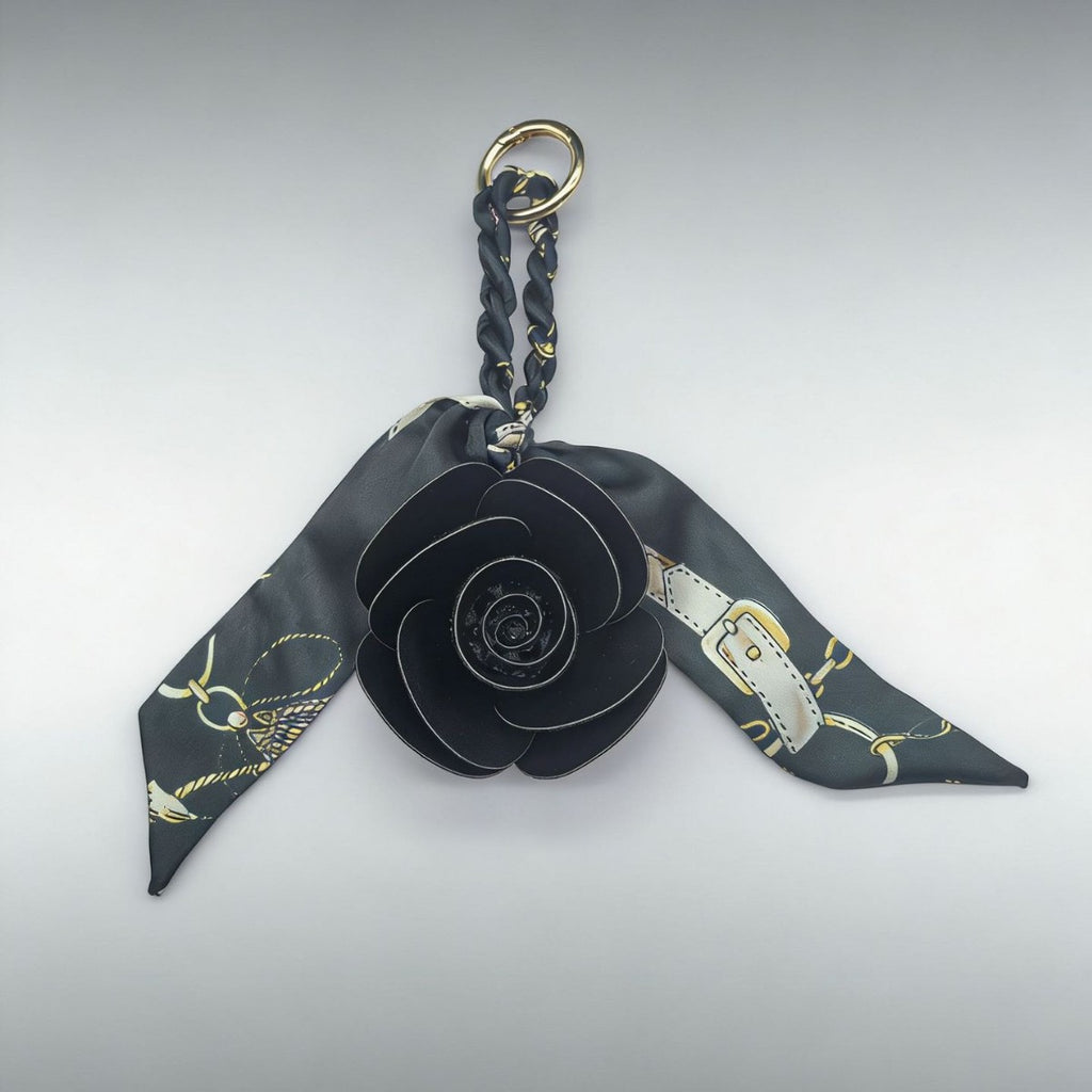 Chain Print Scarf Ribbon Faux Leather Flower Bag Charm - Black