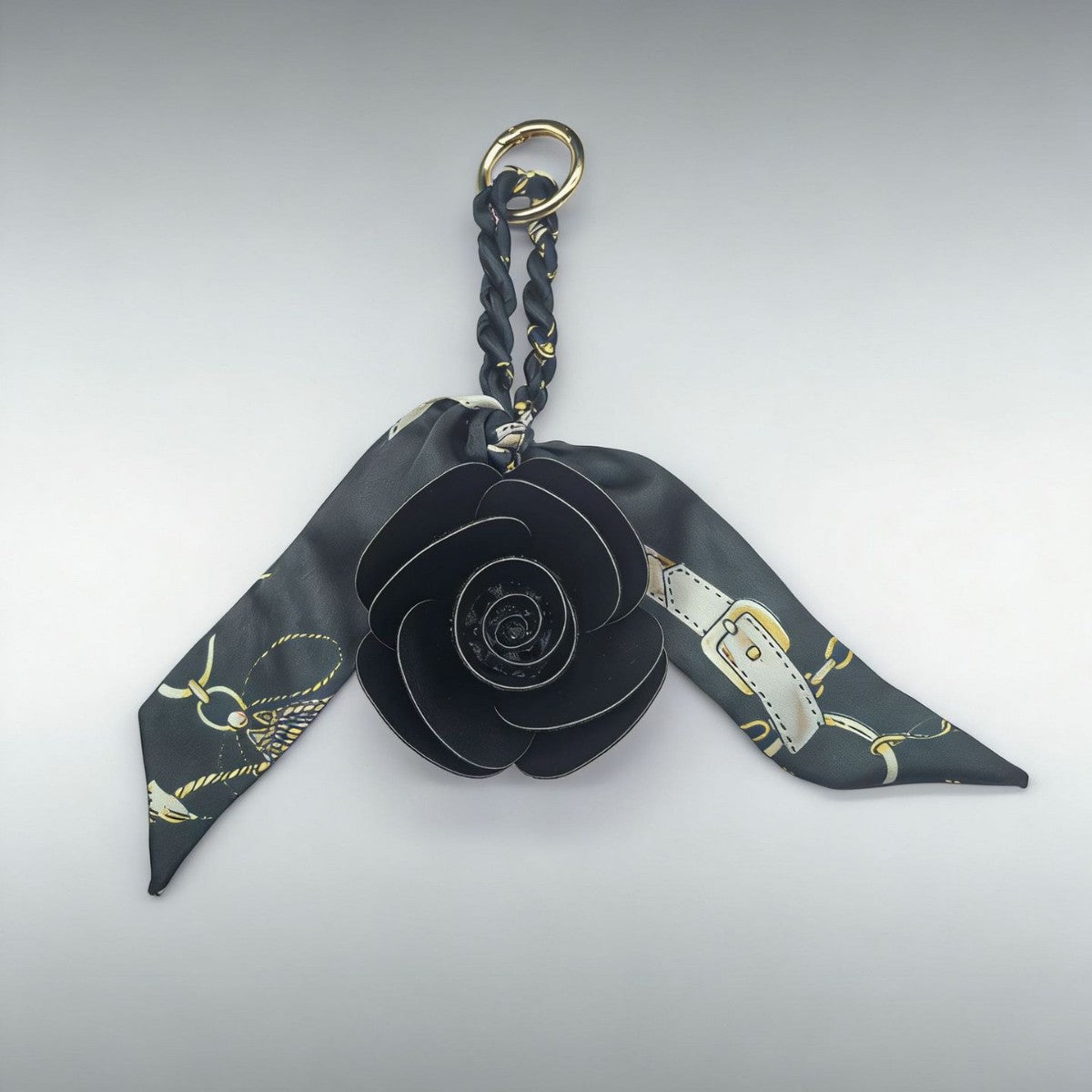 Chain Print Scarf Ribbon Faux Leather Flower Bag Charm - Black