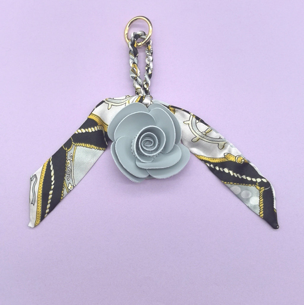 Chain Print Scarf Ribbon Faux Leather Flower Bag Charm - Blue