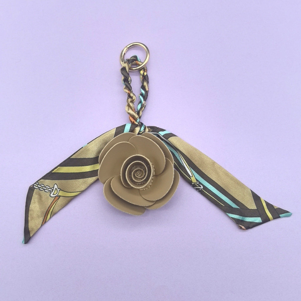 Chain Print Scarf Ribbon Faux Leather Flower Bag Charm - Khaki