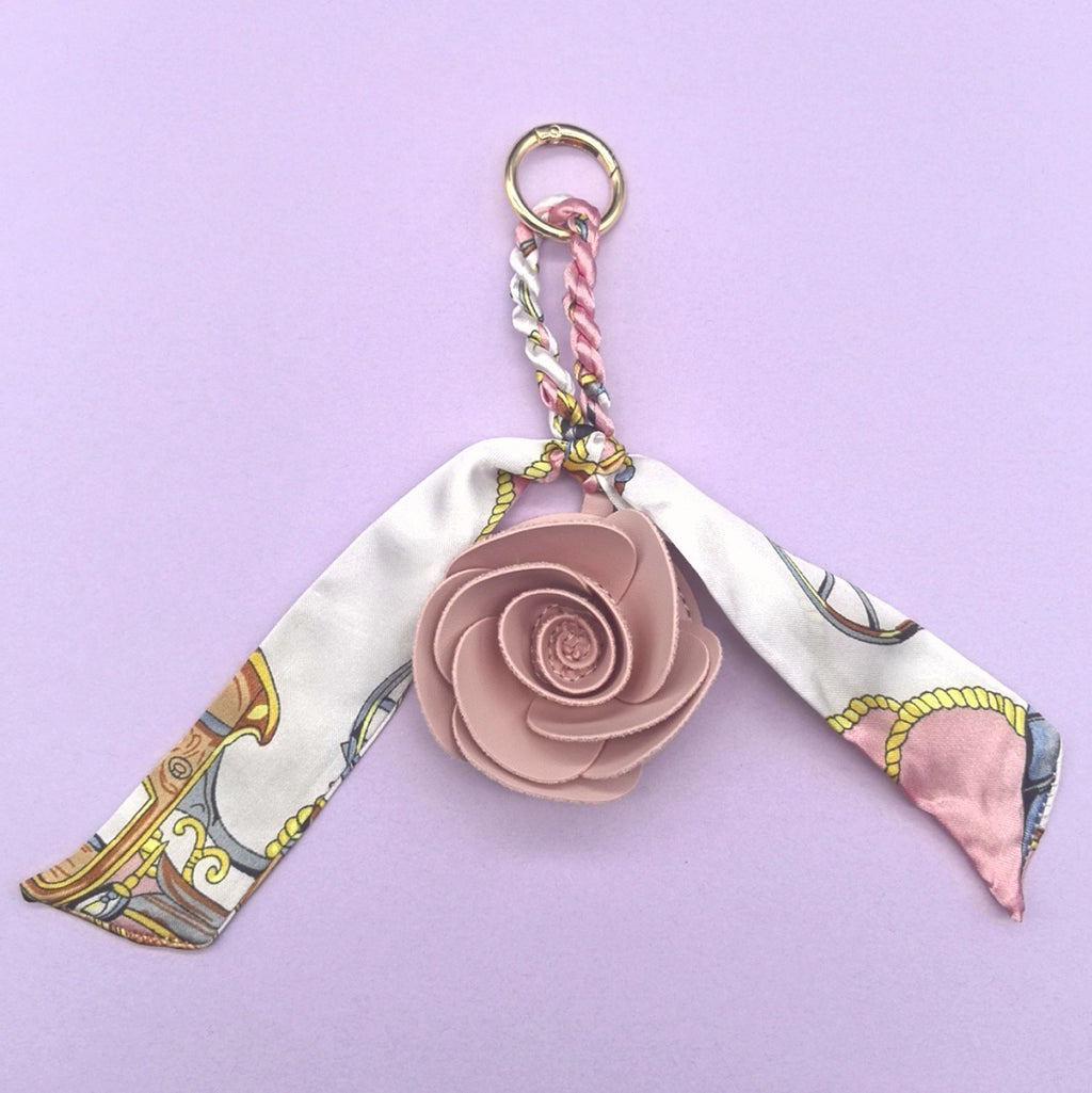 Chain Print Scarf Ribbon Faux Leather Flower Bag Charm - Pink