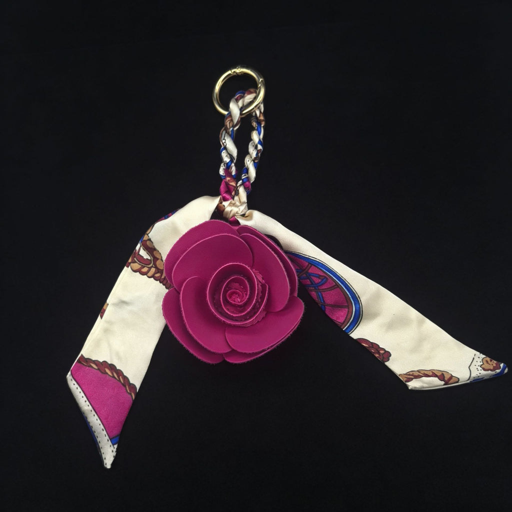 Chain Print Scarf Ribbon Faux Leather Flower Bag Charm - Rose_Red