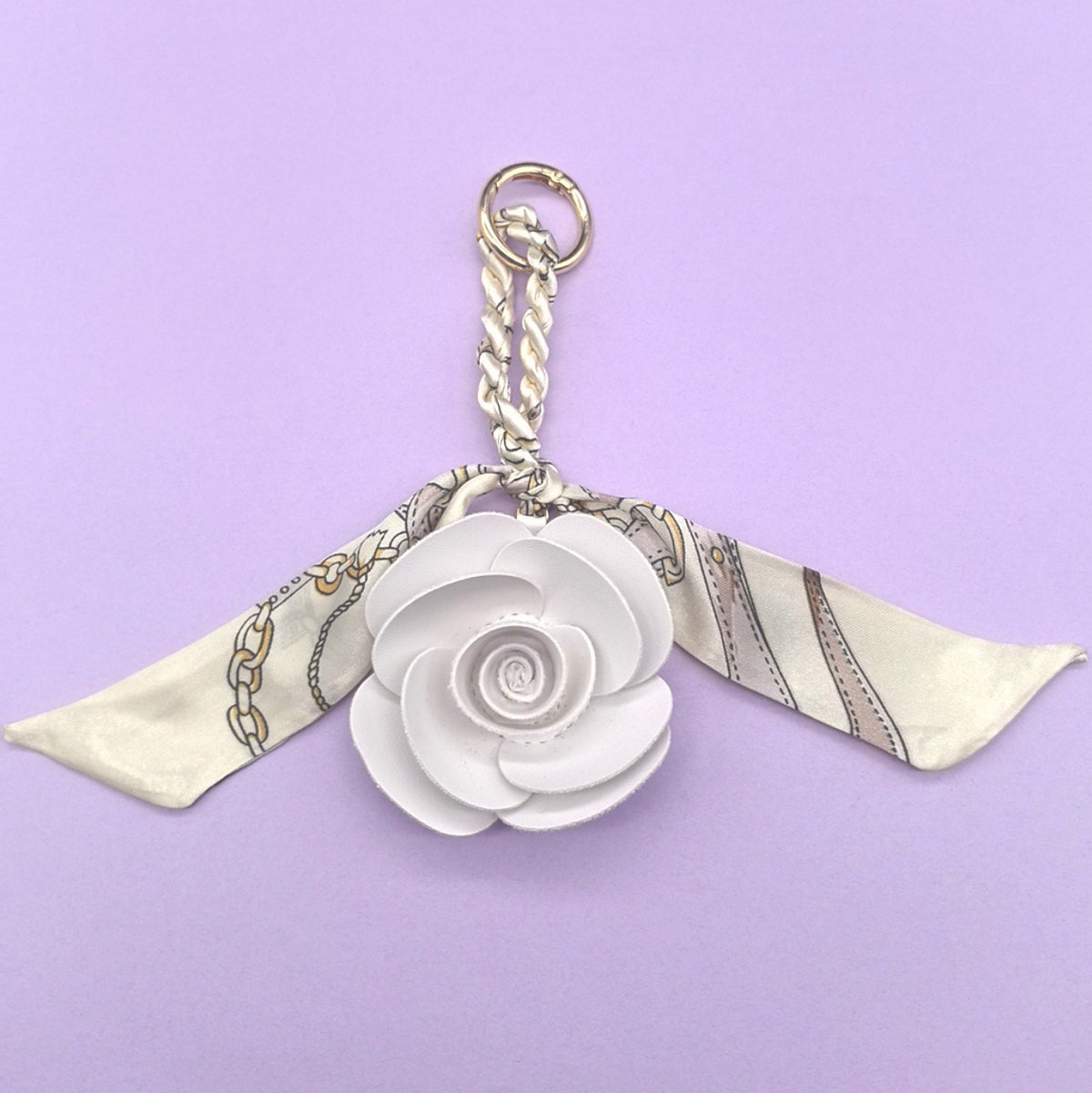 Chain Print Scarf Ribbon Faux Leather Flower Bag Charm - White