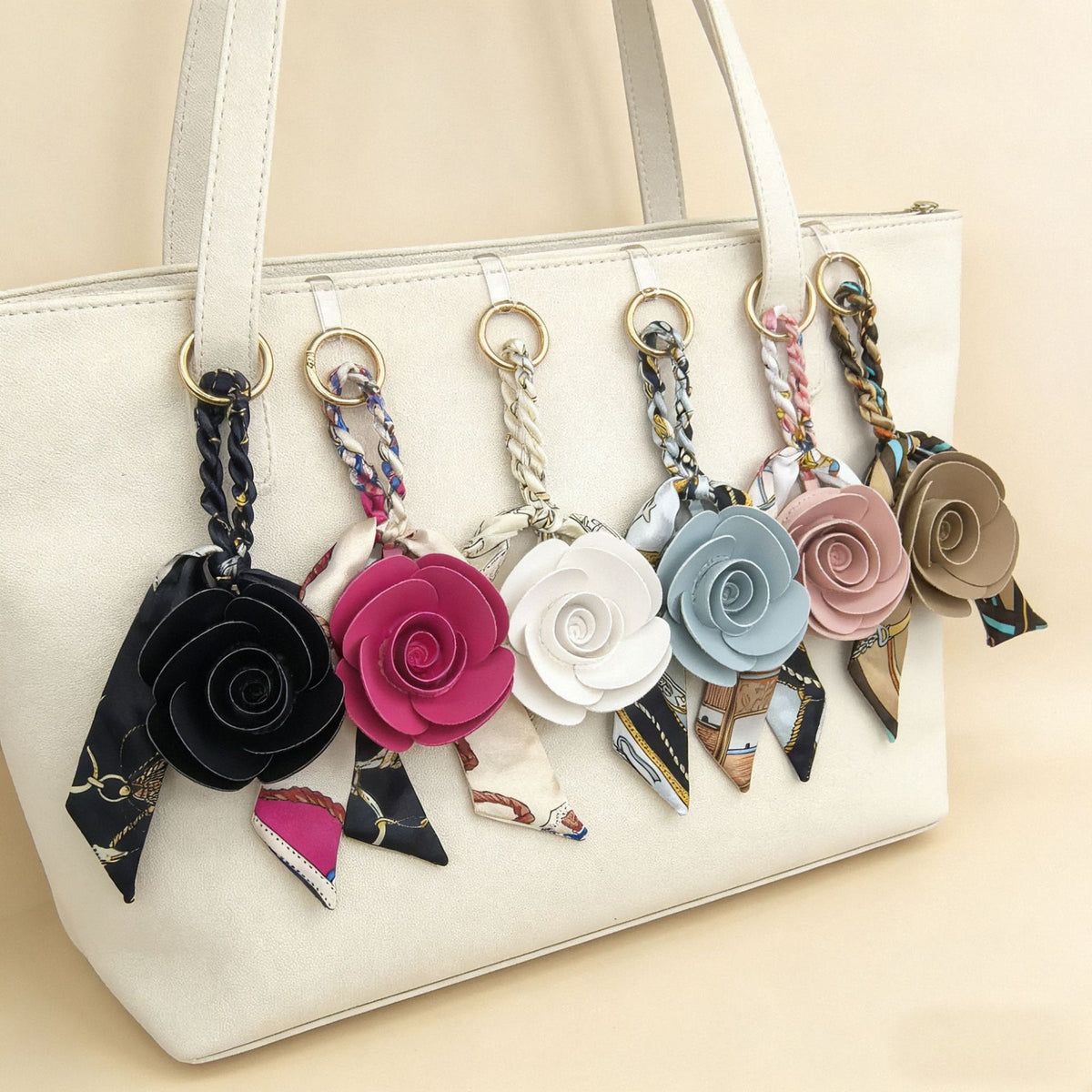 Chain Print Scarf Ribbon Faux Leather Flower Bag Charm