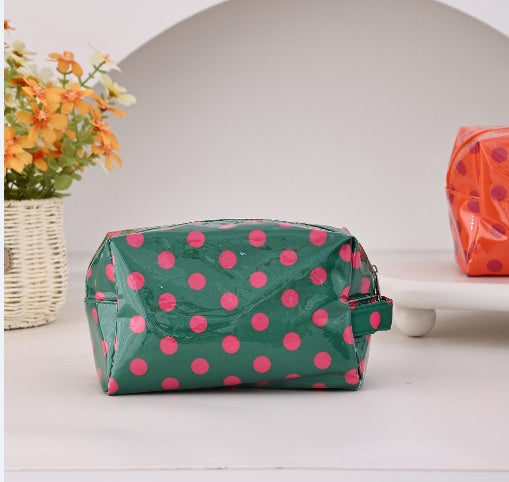 Polka Dot Cosmetic Bag With Zip Top - Green