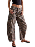 Animal Print High Waist Barrel Jeans - Mocha