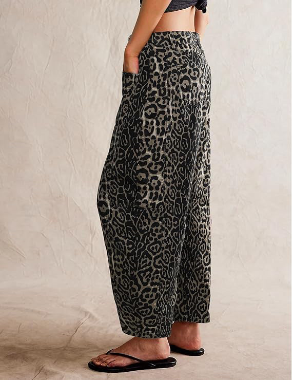 Animal Print High Waist Barrel Jeans - Mocha - 1