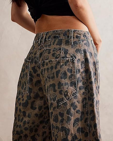 Animal Print High Waist Barrel Jeans - Mocha - 2