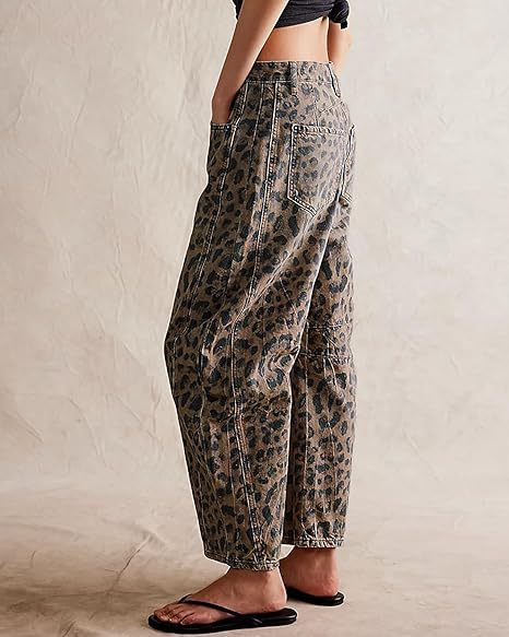Animal Print High Waist Barrel Jeans - Mocha - 3
