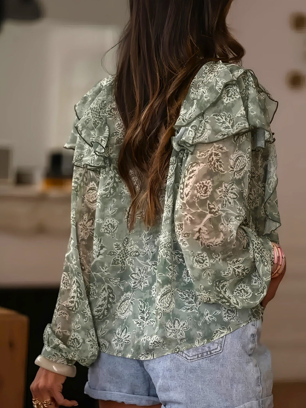 Olive Floral Ruffle Tie-Neck Sheer Blouse - Olive - 1