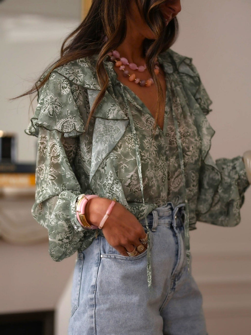 Olive Floral Ruffle Tie-Neck Sheer Blouse - Olive - 2