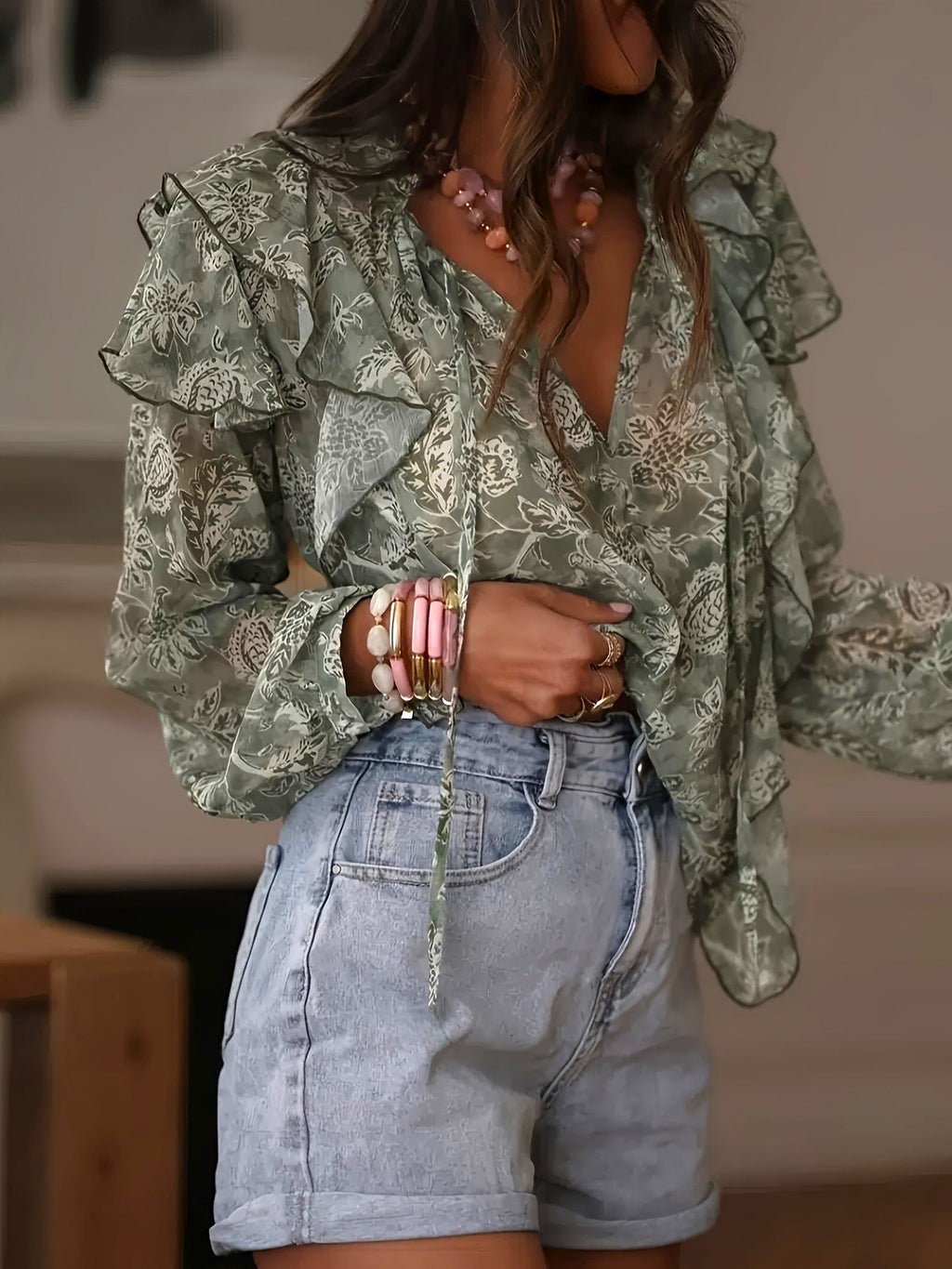 Olive Floral Ruffle Tie-Neck Sheer Blouse - Olive - 3