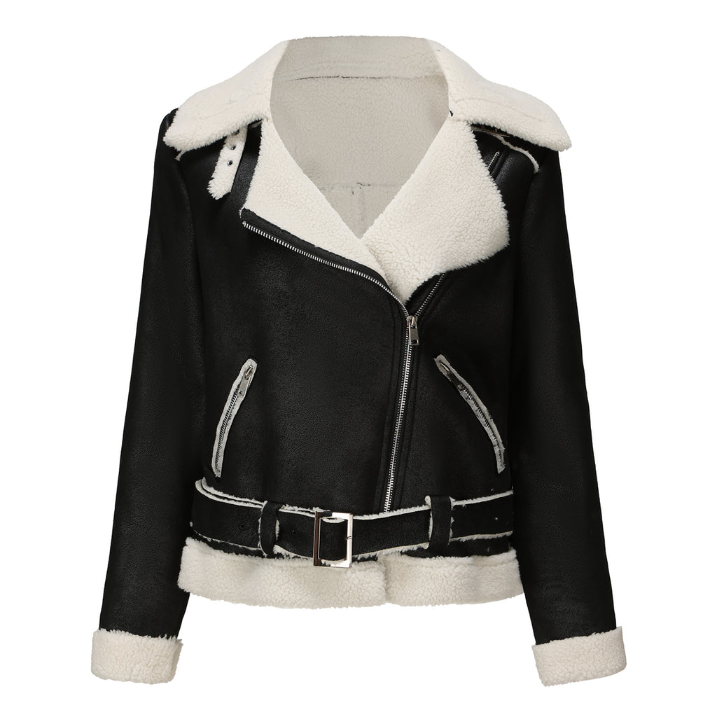 Belted Suede Shearling Aviator Jacket - Black