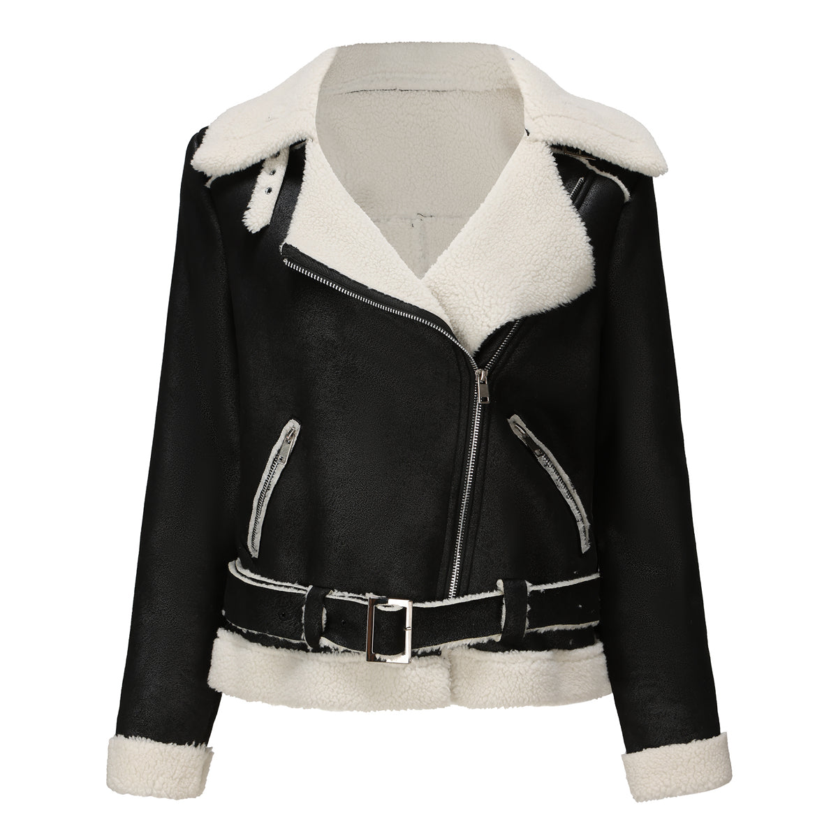 Belted Suede Shearling Aviator Jacket - Black