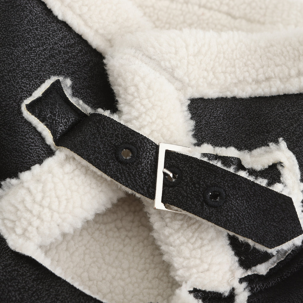 Belted Suede Shearling Aviator Jacket - Black - 12