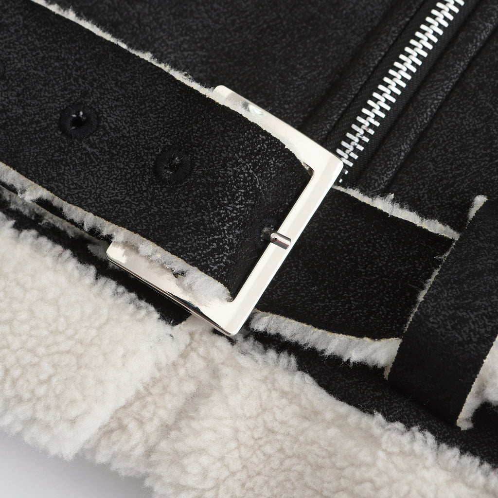 Belted Suede Shearling Aviator Jacket - Black - 15